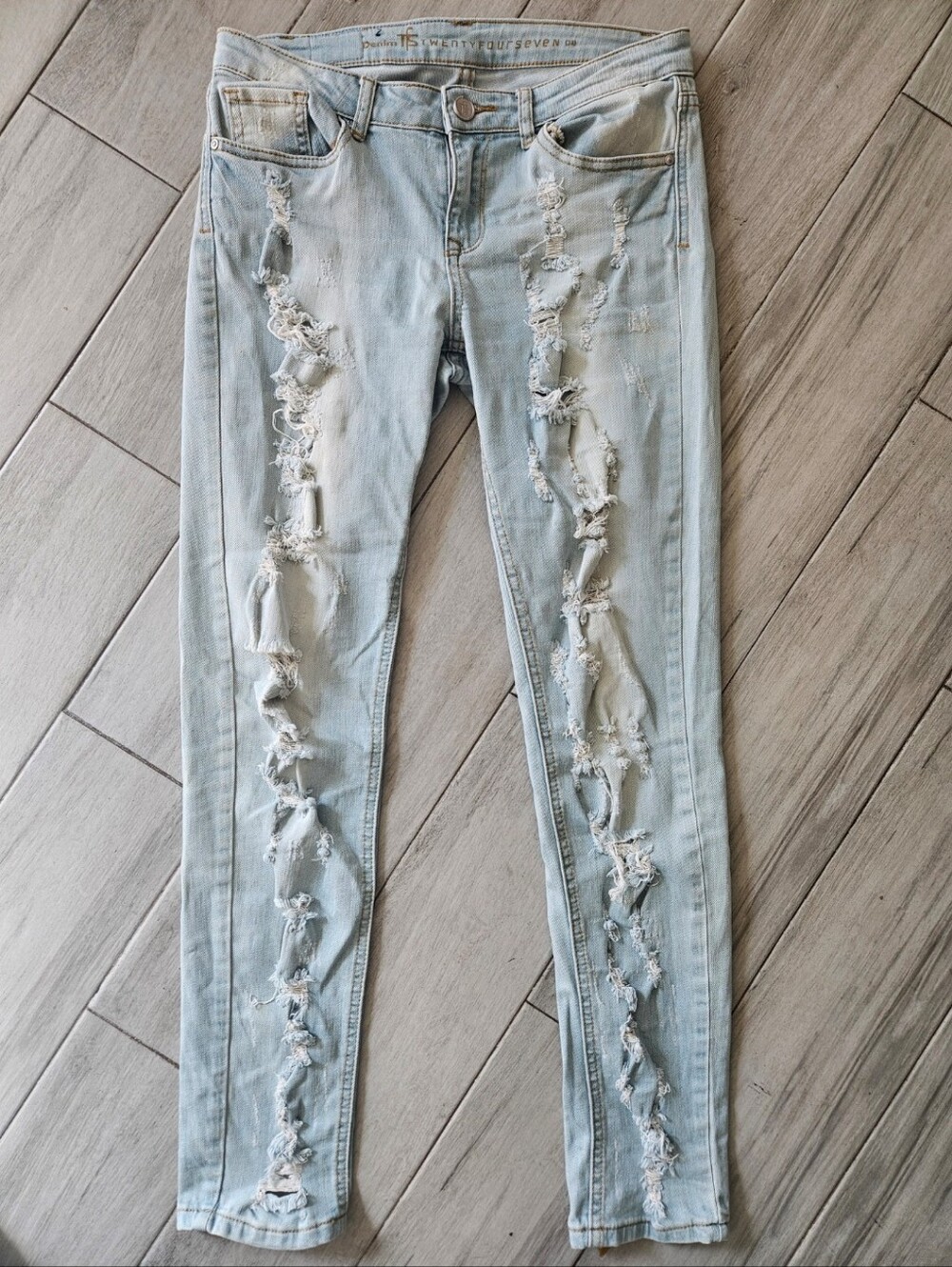 Denim 24/7 Light Blue Distressed Skinny Jeans - Women